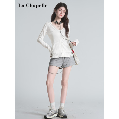 拉夏貝爾甜酷風v領白色連帽長袖t恤女辣妹開衫上衣設計感防曬罩衫