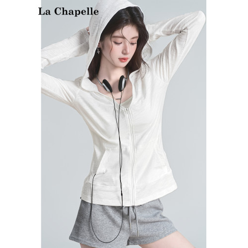 拉夏貝爾甜酷風v領白色連帽長袖t恤女辣妹開衫上衣設計感防曬罩衫