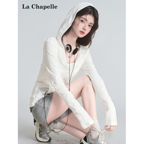 拉夏貝爾甜酷風v領白色連帽長袖t恤女辣妹開衫上衣設計感防曬罩衫