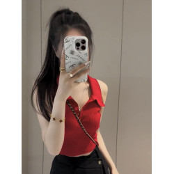 紅色冰絲針織背心女夏季2025新款修身設計感小衆繙領無袖短款上衣