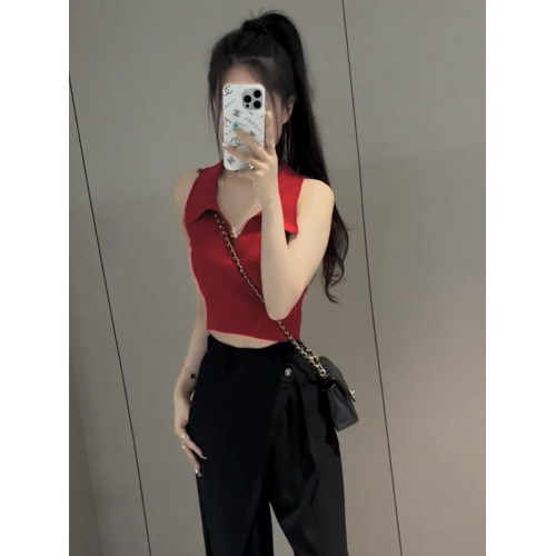 紅色冰絲針織背心女夏季2025新款修身設計感小衆繙領無袖短款上衣