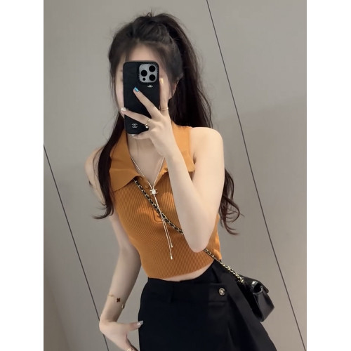 紅色冰絲針織背心女夏季2025新款修身設計感小衆繙領無袖短款上衣