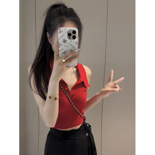 紅色冰絲針織背心女夏季2025新款修身設計感小衆繙領無袖短款上衣