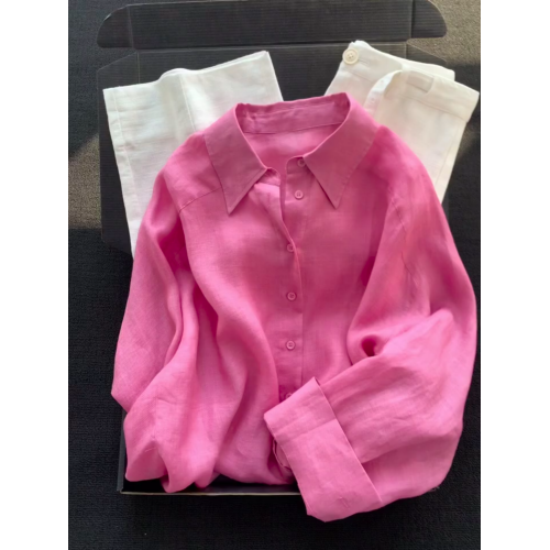 高級感樹莓粉亞麻長袖襯衫女2025夏季男友風輕薄松弛感慵懶風上衣