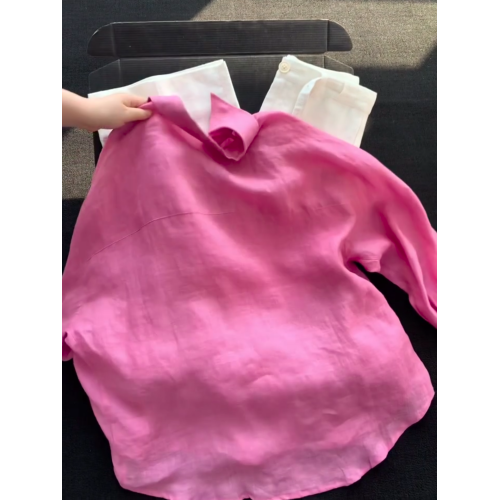 高級感樹莓粉亞麻長袖襯衫女2025夏季男友風輕薄松弛感慵懶風上衣