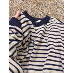 爆款店主自畱百搭條紋圓領撞色小衆寬鬆顯瘦好看條紋德絨上衣