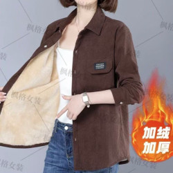 加絨加厚燈芯絨長袖襯衫外套女2024秋冬新款休閒中年媽媽修身上衣