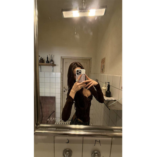 Turn up/陳腿兒 高級感網紗高彈長袖打底衫女春復古鏤空連體衣潮