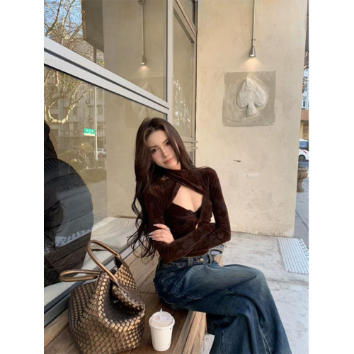 Turn up/陳腿兒 高級感網紗高彈長袖打底衫女春復古鏤空連體衣潮