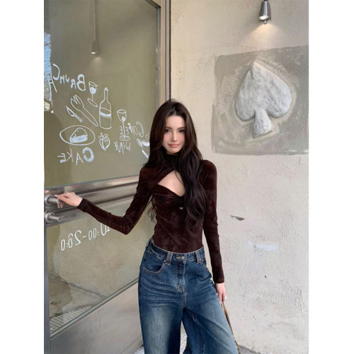 Turn up/陳腿兒 高級感網紗高彈長袖打底衫女春復古鏤空連體衣潮