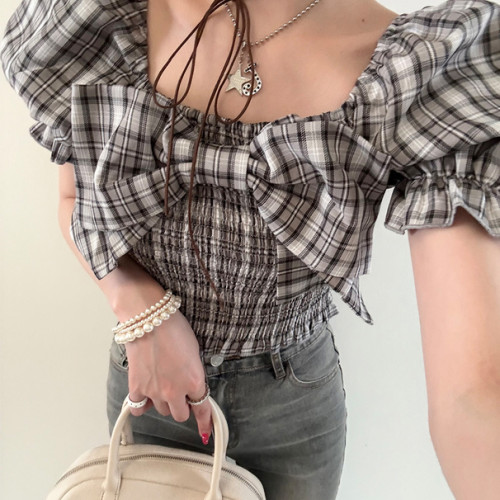 D08038日單GL彈力松緊蝴蝶結方領修身顯瘦女甜美格子泡泡袖襯衫