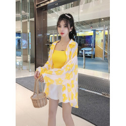 夏款印花防曬襯衫洋氣網紅吊帶高腰圓環短褲減齡小個子三件套裝女