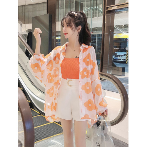 夏款印花防曬襯衫洋氣網紅吊帶高腰圓環短褲減齡小個子三件套裝女