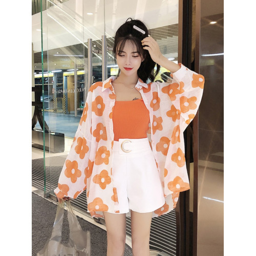 夏款印花防曬襯衫洋氣網紅吊帶高腰圓環短褲減齡小個子三件套裝女