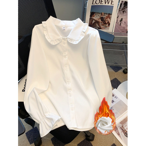 娃娃領襯衫女秋冬設計感洋氣減齡長袖內搭加絨加厚白色微厚上衣