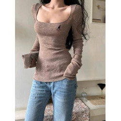 KENGDL美式復古低方領長袖針織衫女款修身顯瘦辣妹氣質內搭打底衫