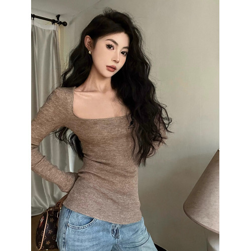 KENGDL美式復古低方領長袖針織衫女款修身顯瘦辣妹氣質內搭打底衫