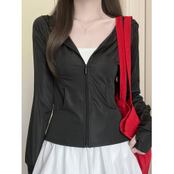 黑色冰絲防曬衣女夏季薄款2025新款修身連帽防紫外線開衫長袖外套