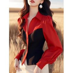 法式黑紅撞色拼接襯衫女長袖秋季新款外穿遮肉收腰上衣別致打底衫