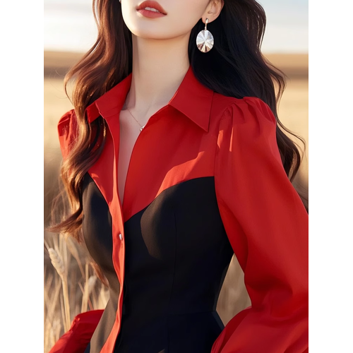法式黑紅撞色拼接襯衫女長袖秋季新款外穿遮肉收腰上衣別致打底衫