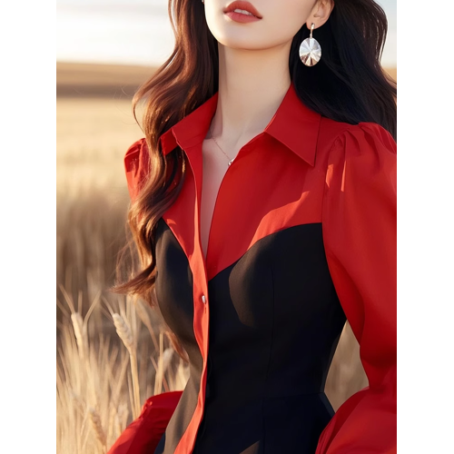法式黑紅撞色拼接襯衫女長袖秋季新款外穿遮肉收腰上衣別致打底衫