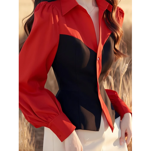 法式黑紅撞色拼接襯衫女長袖秋季新款外穿遮肉收腰上衣別致打底衫