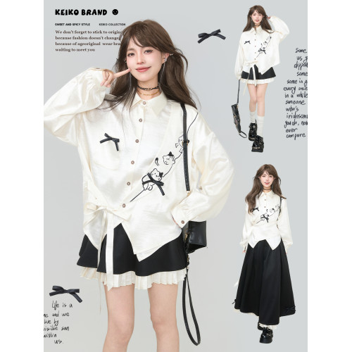 KEIKO 流光緞感斜襟白色襯衫2026春季新中式系帶萌貓刺綉長袖上衣