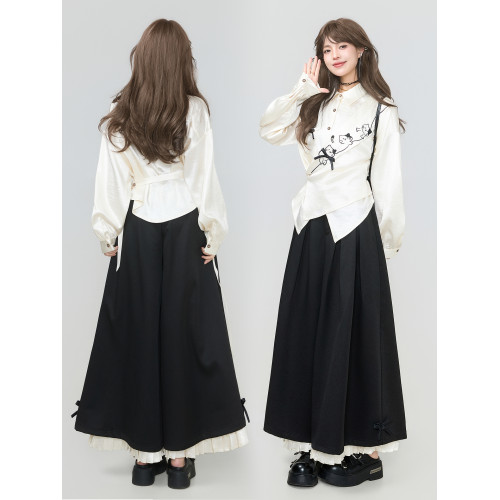 KEIKO 流光緞感斜襟白色襯衫2026春季新中式系帶萌貓刺綉長袖上衣