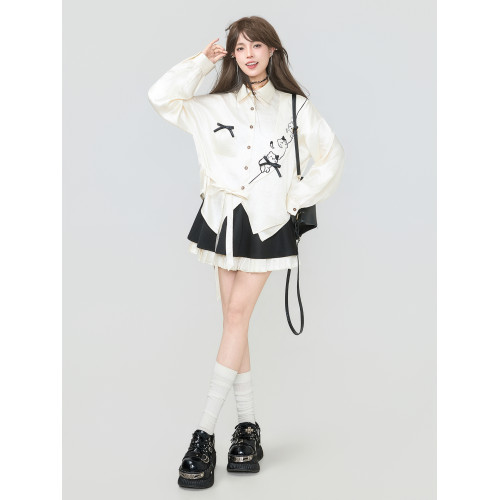 KEIKO 流光緞感斜襟白色襯衫2026春季新中式系帶萌貓刺綉長袖上衣