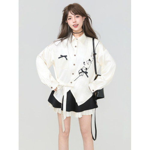 KEIKO 流光緞感斜襟白色襯衫2026春季新中式系帶萌貓刺綉長袖上衣