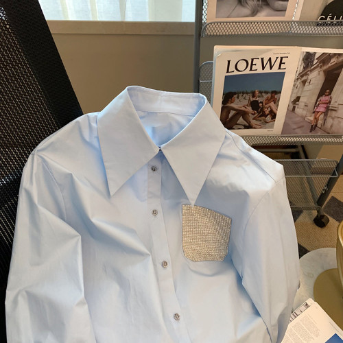 專櫃撤廻剪標藍色拼接燙鑽長袖襯衫女春季新款時尚高級感氣質襯衣