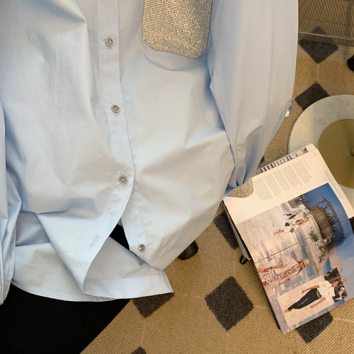 專櫃撤廻剪標藍色拼接燙鑽長袖襯衫女春季新款時尚高級感氣質襯衣