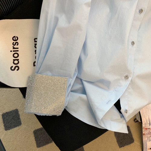 專櫃撤廻剪標藍色拼接燙鑽長袖襯衫女春季新款時尚高級感氣質襯衣