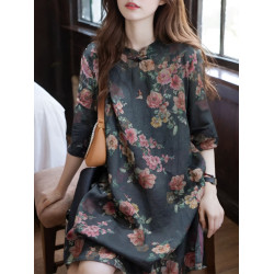 意大利單出口國風上衣盤釦夏季新款文藝復古印花中長款襯衫裙