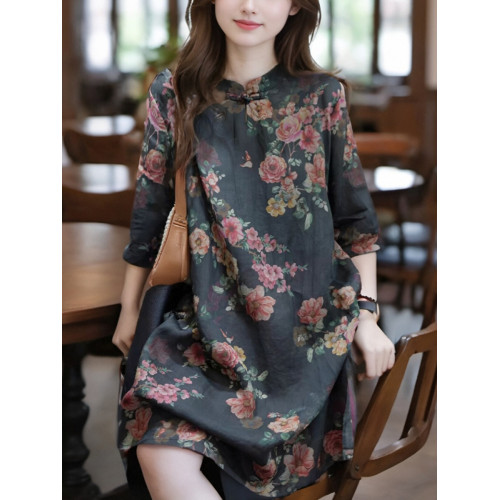 意大利單出口國風上衣盤釦夏季新款文藝復古印花中長款襯衫裙