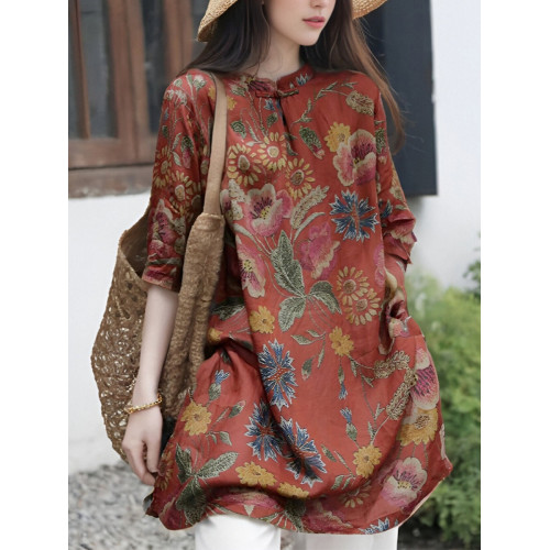 意大利單出口國風上衣盤釦夏季新款文藝復古印花中長款襯衫裙