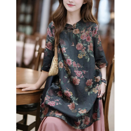 意大利單出口國風上衣盤釦夏季新款文藝復古印花中長款襯衫裙