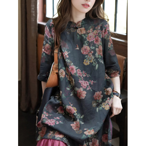 意大利單出口國風上衣盤釦夏季新款文藝復古印花中長款襯衫裙