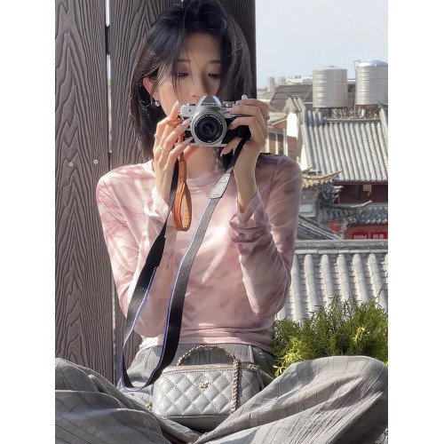時尚設計感水墨暈染紗網長袖t恤時髦顯瘦百搭防曬上衣女輕薄舒適