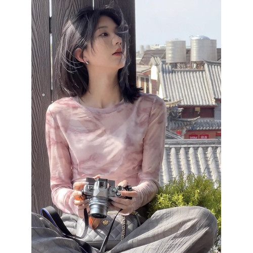 時尚設計感水墨暈染紗網長袖t恤時髦顯瘦百搭防曬上衣女輕薄舒適
