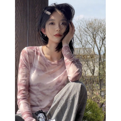 時尚設計感水墨暈染紗網長袖t恤時髦顯瘦百搭防曬上衣女輕薄舒適