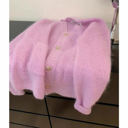 巨推薦~上身絕美！粉色V領針織開衫女2024新款寬鬆顯瘦毛衣外套