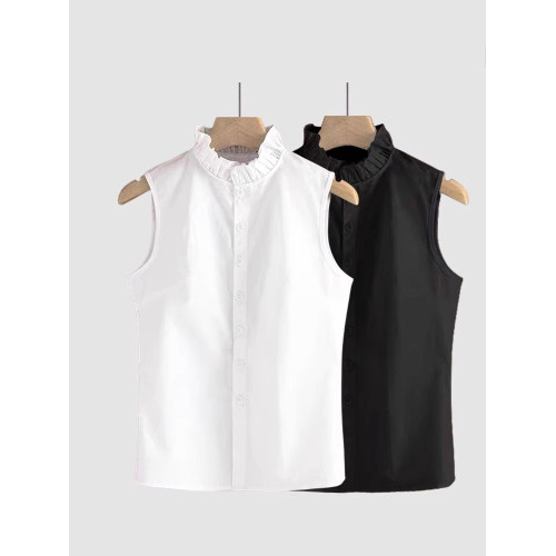 立領無袖襯衫女春夏新款百搭法式木耳邊氣質內搭曡穿襯衣背心上衣