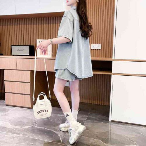 慵懶風復古甜辣風牛仔襯衫短褲兩件套女2024春夏新款寬鬆休閒套裝