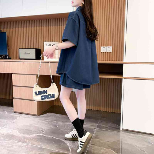 慵懶風復古甜辣風牛仔襯衫短褲兩件套女2024春夏新款寬鬆休閒套裝