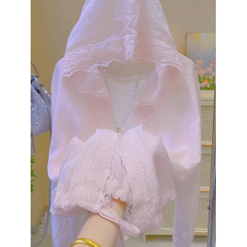 甜美蕾絲拼接連帽輕薄透氣防曬襯衫女夏季薄款寬鬆慵懶風長袖外套