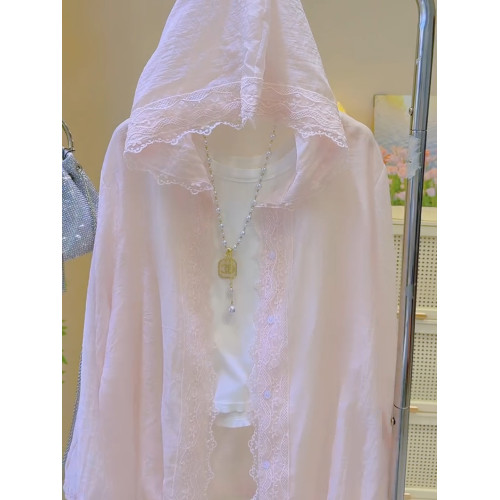 甜美蕾絲拼接連帽輕薄透氣防曬襯衫女夏季薄款寬鬆慵懶風長袖外套