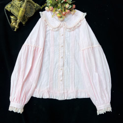 原創洛麗塔洋裝純棉長袖襯衫娃娃領提花棉內搭 福利款甜美 純色