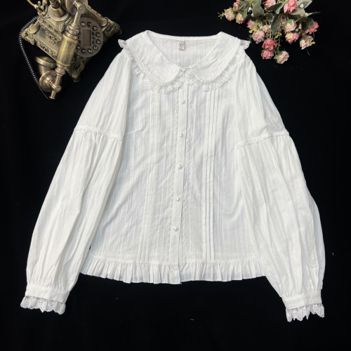 原創洛麗塔洋裝純棉長袖襯衫娃娃領提花棉內搭 福利款甜美 純色