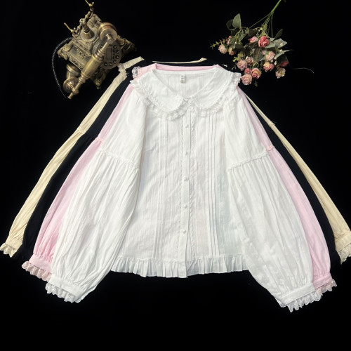 原創洛麗塔洋裝純棉長袖襯衫娃娃領提花棉內搭 福利款甜美 純色